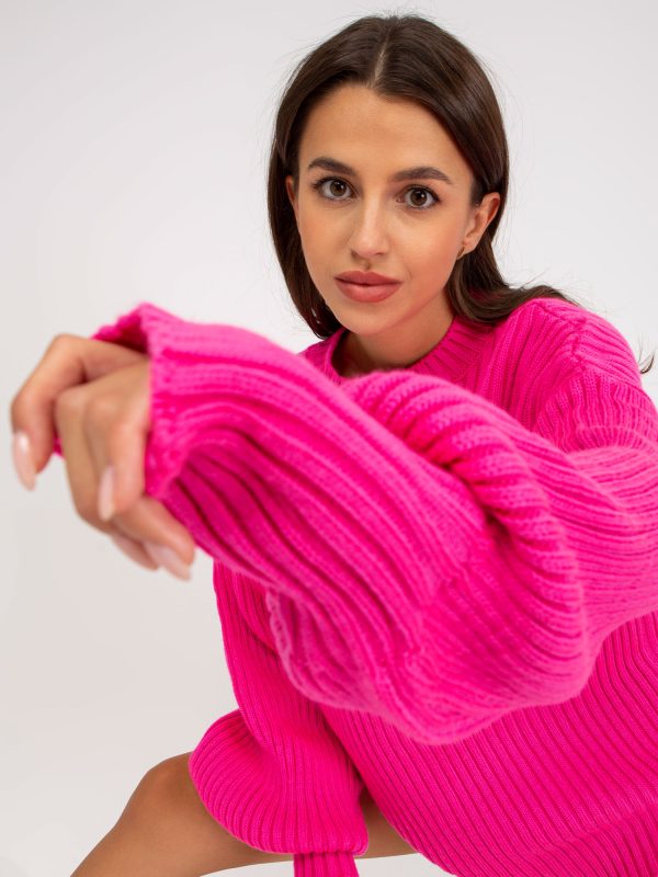 Fluo różowy dłuższy sweter oversize z dzianiny RUE PARIS