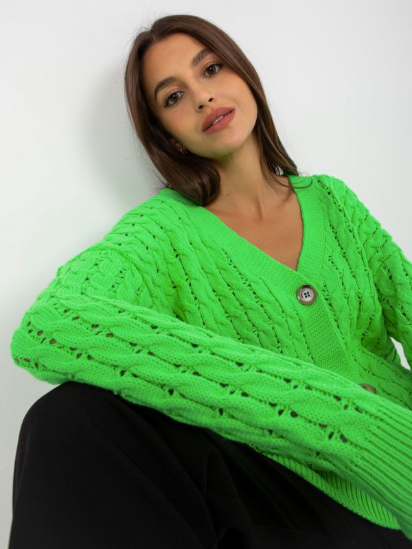 Fluo zielony ażurowy sweter rozpinany z warkoczami RUE PARIS