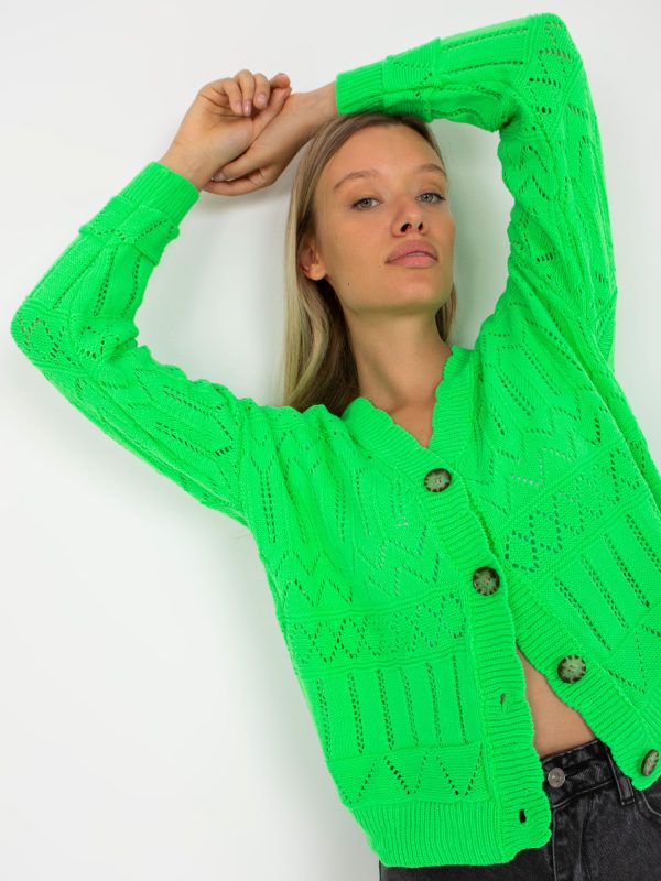 Fluo zielony rozpinany sweter letni w ażurowy wzór RUE PARIS