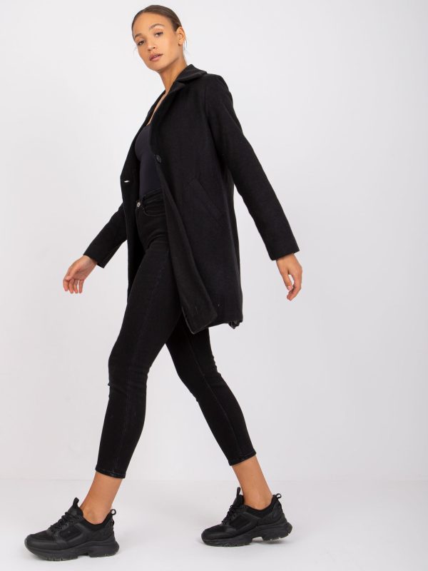 Czarny damski płaszcz z kieszeniami Louise RUE PARIS