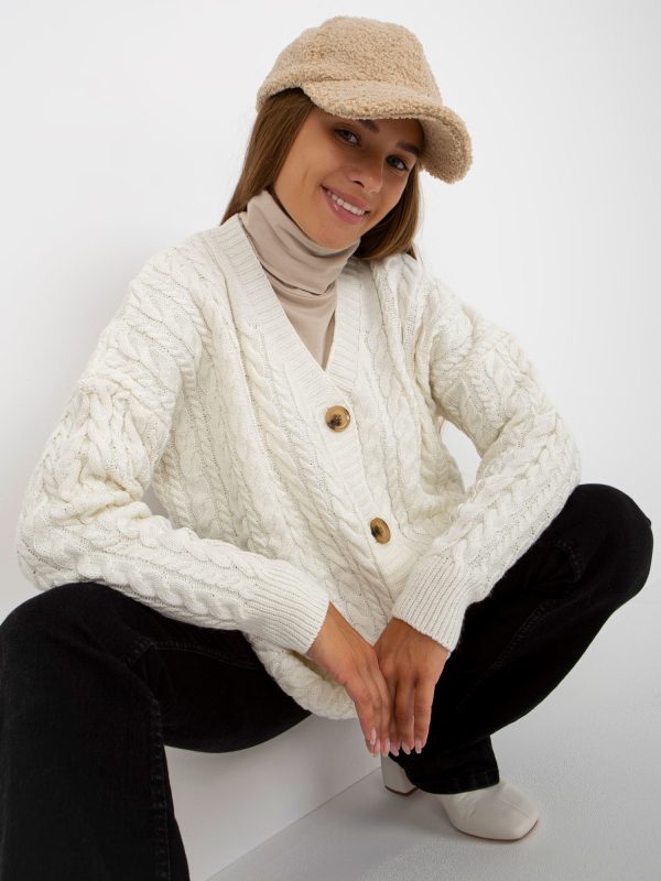 Ecru damski sweter rozpinany z warkoczami RUE PARIS