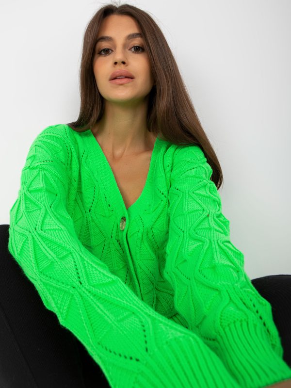 Fluo zielony ażurowy sweter rozpinany z guzikami RUE PARIS