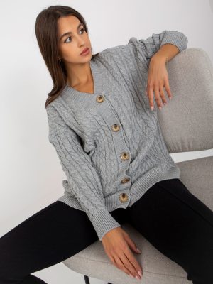 Szary sweter rozpinany z ozdobnymi guzikami RUE PARIS
