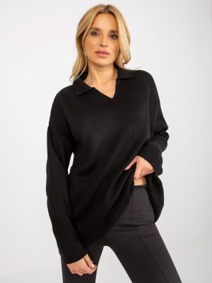 Czarny długi sweter oversize z kołnierzykiem RUE PARIS