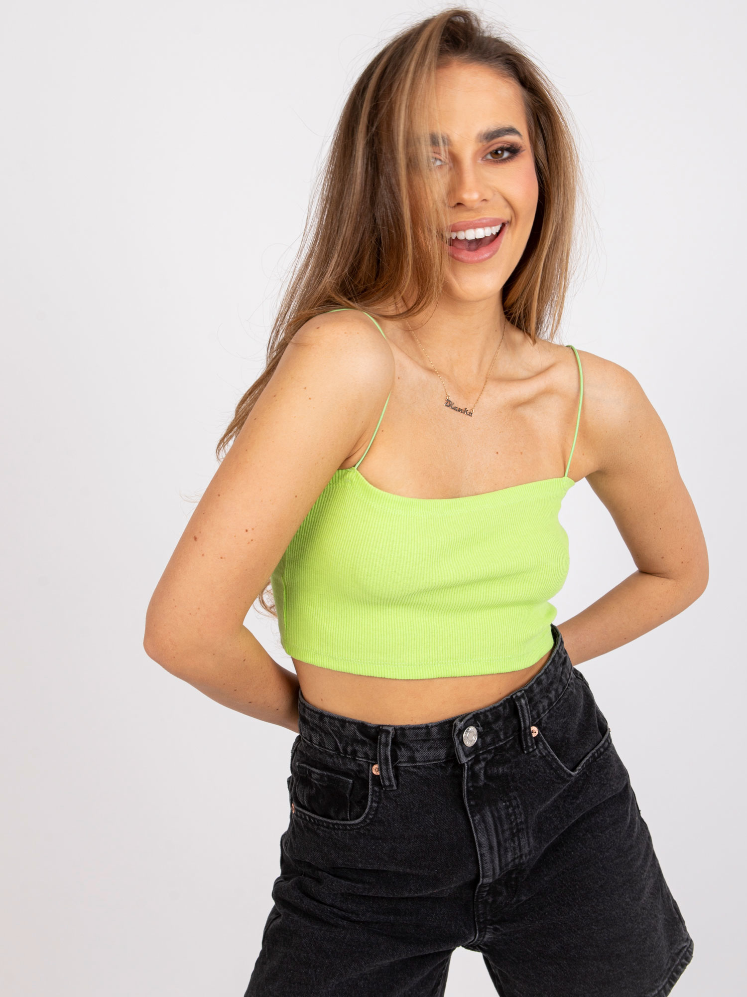 Fluo zielony krótki top w prążek na ramiączkach Aria RUE PARIS Fluo zielony krótki top w prążek na ramiączkach Aria RUE PARIS