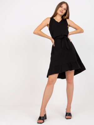 Czarna bawełniana mini sukienka basic z wiązaniem RUE PARIS