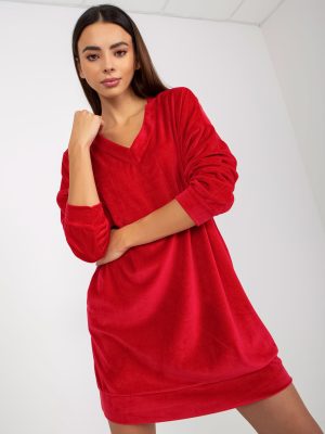 Czerwona welurowa sukienka na co dzień RUE PARIS