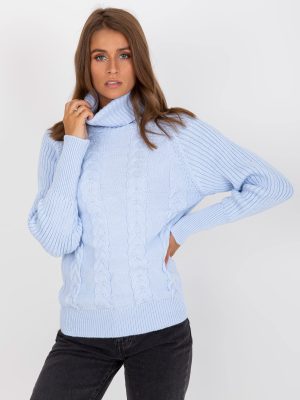 Jasnoniebieski damski sweter z golfem z dzianiny RUE PARIS