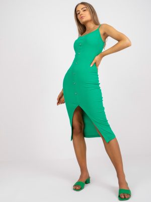Zielona prążkowana sukienka z rozcięciem RUE PARIS