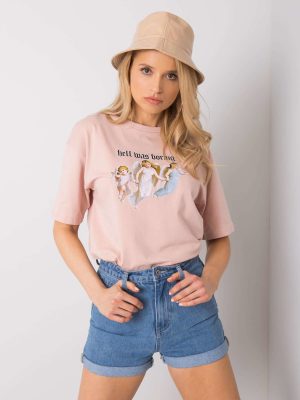 Brudnoróżowy t-shirt z printem Jasmine RUE PARIS